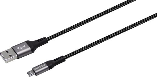 Philips USB Kabel 2.0 - DLC5204U/00 - USB-A - Micro USB - Lengte: 1,2 Meter - Nylon - Zwart