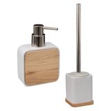 5five Badkamer/toilet accessoires set - WC-borstel in houder en zeeppompje - wit - bamboe - 200 ml