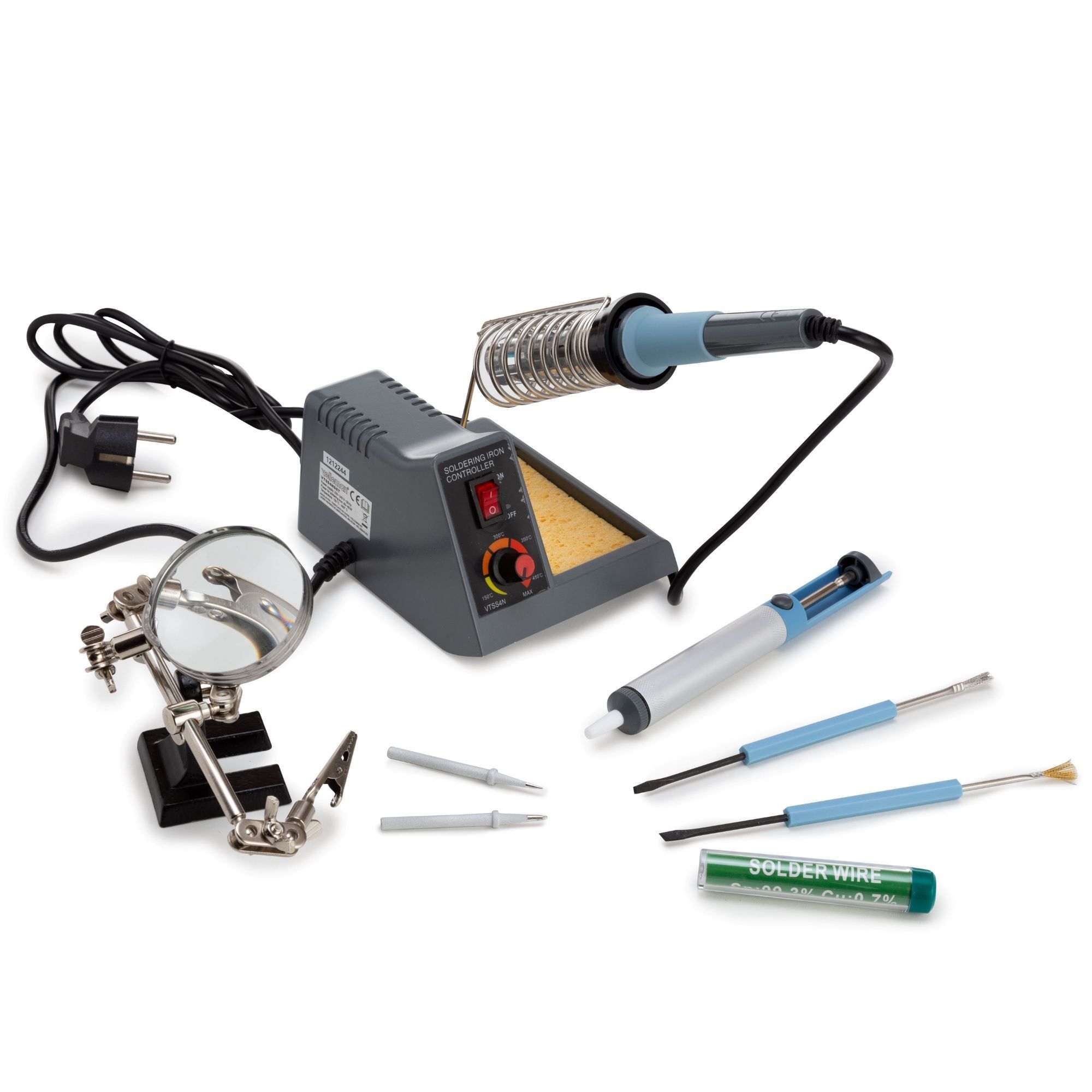 Velleman VTSS4NSET - Soldeerstation set - 48W - 150-480°C - Incl. derde hand, desoldeerpomp, loodvrij soldeer, schraper, borstel en 2 soldeerpunten