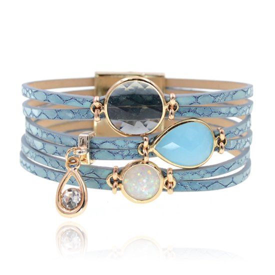 Deja Jewels Blauwe goudkleurige leren multilayer Boho dames armband met bedels en glassteen