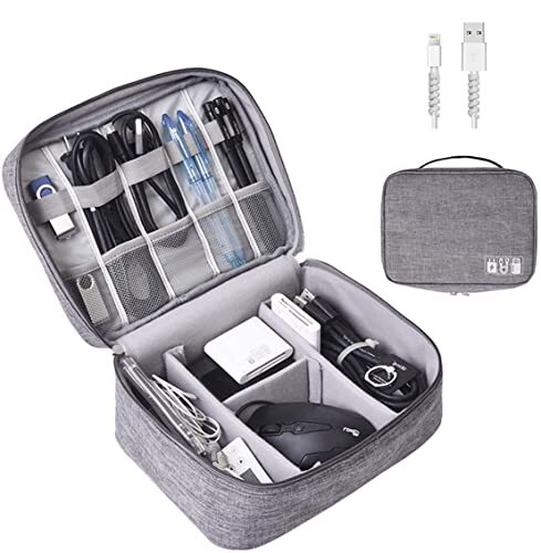 OrgaWise Kabeltas, kabelorganizer, kabeletui, elektronica, accessoires-organizer, -tas, universele tas voor accessoires van mobiele telefoon, oplaadkabel, powerbank, USB-sticks, SD-kaarten, 2-laags, grijs