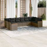 vidaXL 10-delige Loungeset met Kussens Poly Rattan Grijs