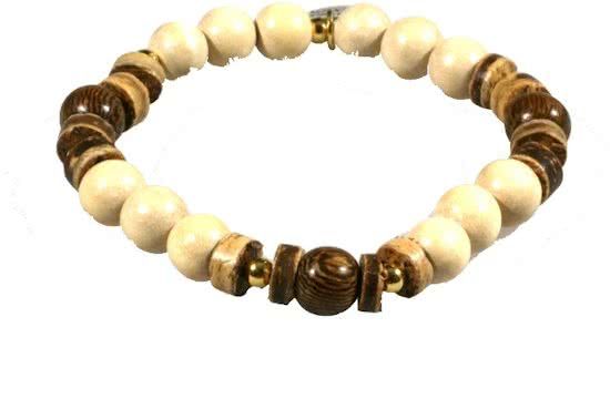 Heaven Eleven - Dames armband - Ibiza - Naturel Hout met Bruin been kralen en goudkleurig - 18cm