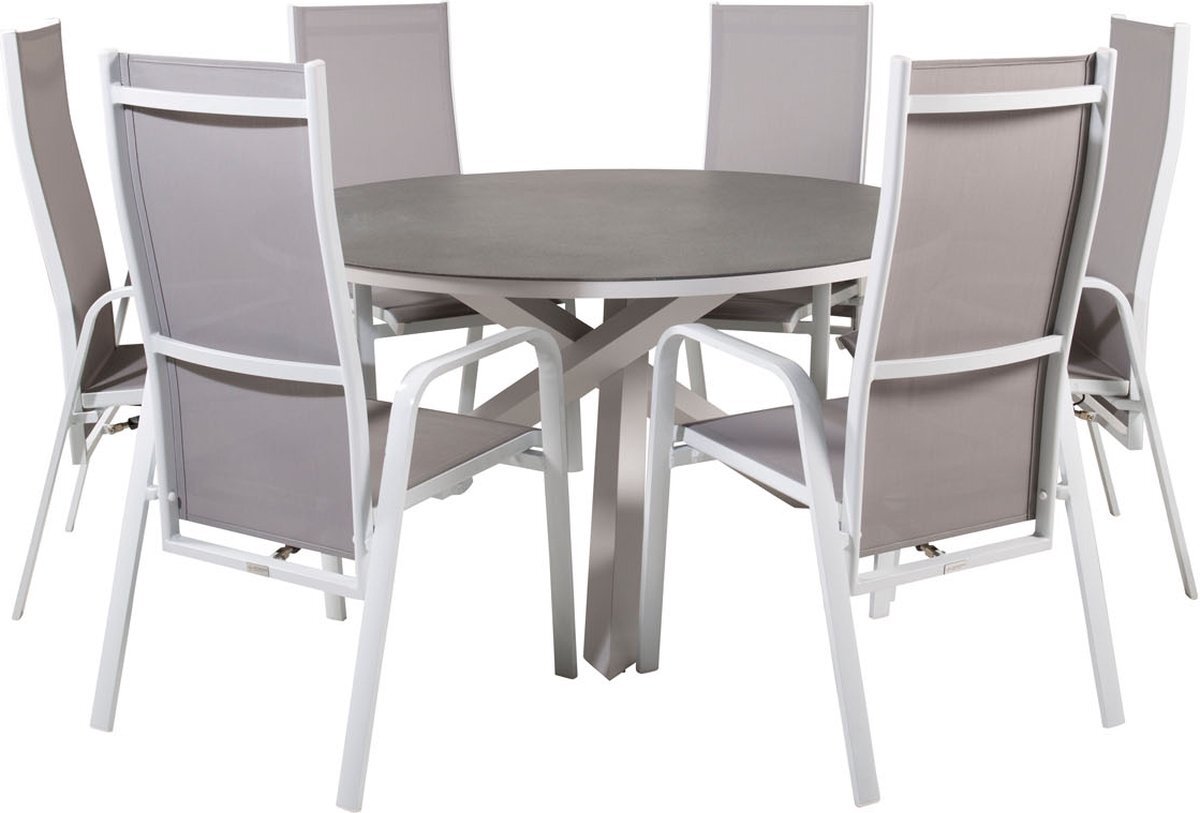 Hioshop Copacabana tuinmeubelset tafel Ø140cm en 6 stoel rec Copacabana wit, grijs, crèmekleur.