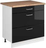 Vicco R-Line meuble bas de cuisine, noir laqué brillant/blanc, 80 cm avec 3 tiroirs plateau en chêne doré