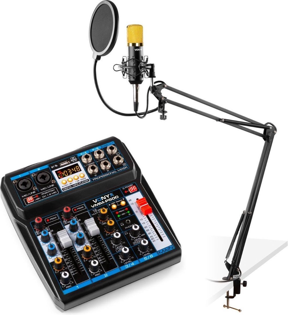 Vonyx podcast starterset met USB mixer met Bluetooth, CMS400B studiomicrofoon, verstelbare microfoonarm en shockmount.