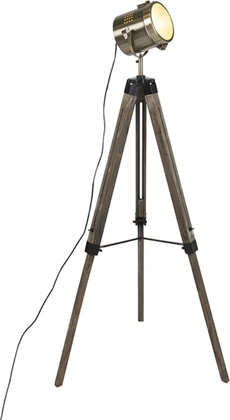 QAZQA Braha - Studiospot - Industrieel - Hout - Messing - Driepoot