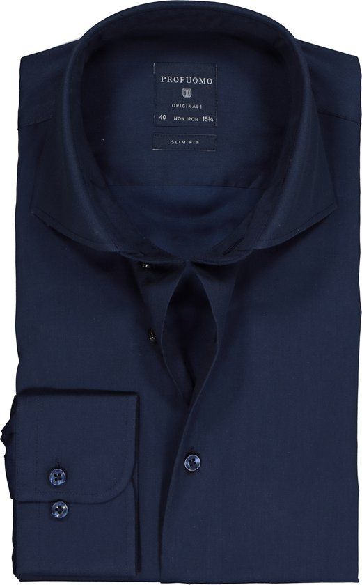 Profuomo Slim Fit Overhemd - Fine Twill - Marine Blauw - Maat 44