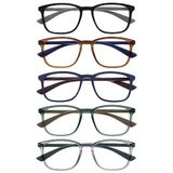 OPULIZE Max Leesbrillen 5 Pack - Klassiek Groot Rechthoekig Montuur - Mat Zwart, Bruin, Blauw, Groen, Grijs - Uniseks - Veerscharnieren - RRRRR78-12367 - +1.50