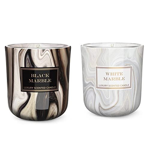 Dekohelden24 Geurkaars - windlicht - kaars in glas - set van 2 - White Marble & Black Marble - 150 g per kaars