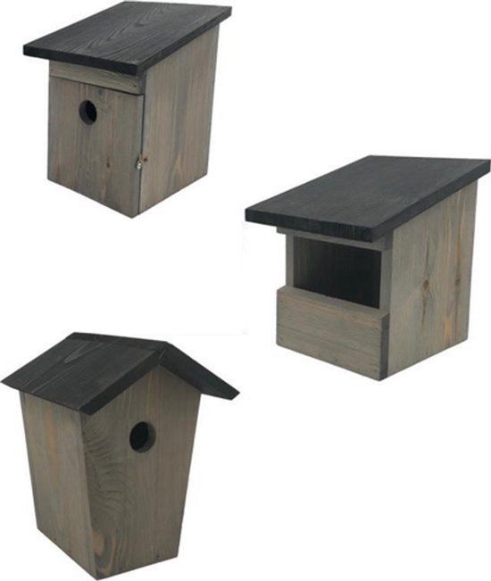 GARDEN SPIRIT Vogelhuisje Set of 3 - Nestkast for Birds - Wooden - Black/Grey