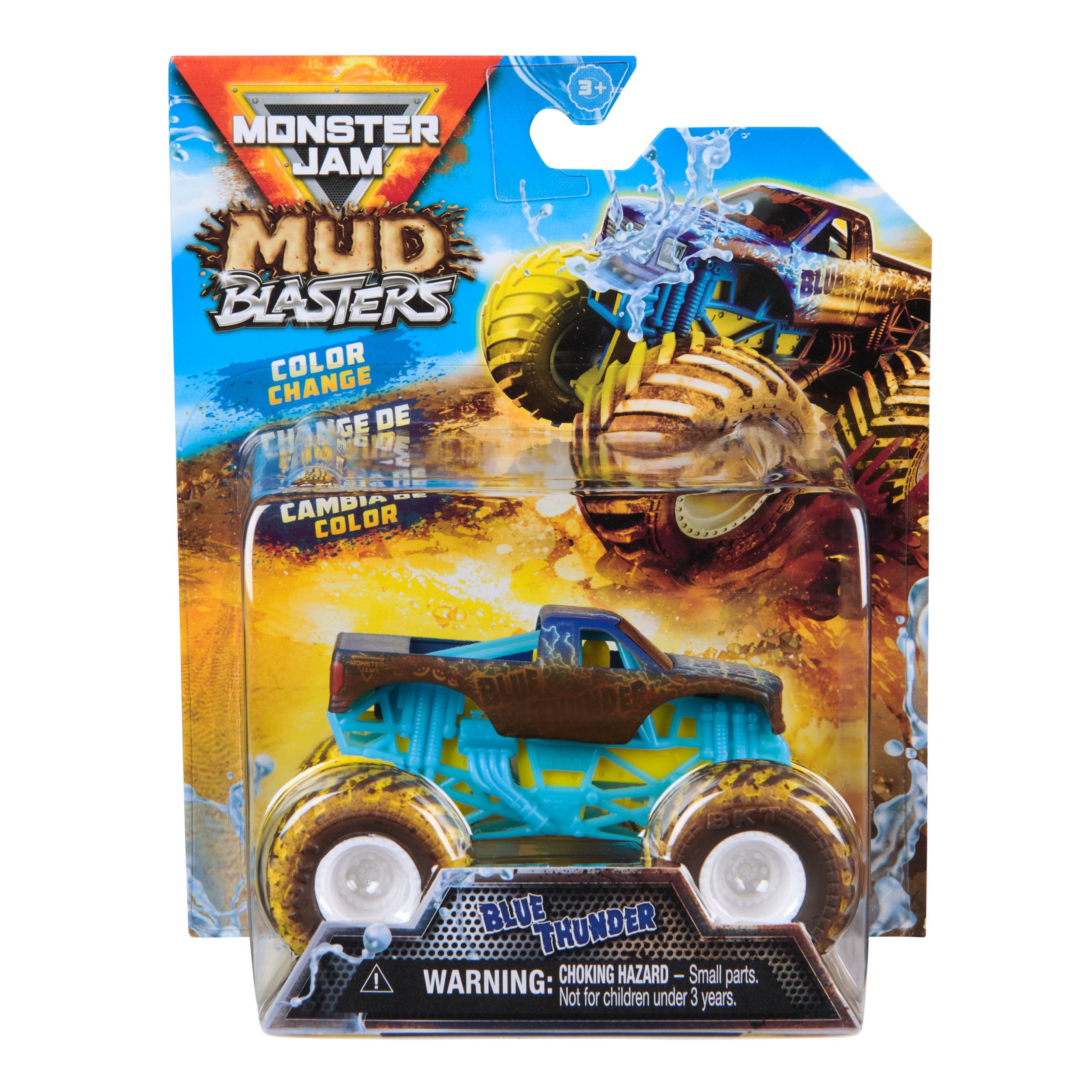 Spin Master Monster Jam Mud Blasters, Blue Thunder Monster Jam-truck met kleurverandering, metalen voertuig op schaal van 1:64