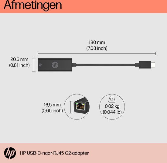 HP USB-C - RJ45 Adaptör G2 - Zwart