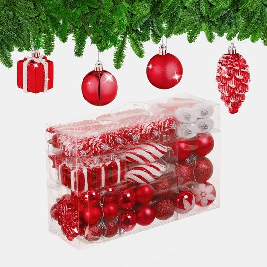 Relaxdays Kerstballen - Set van 72 - Kunststof - Rood