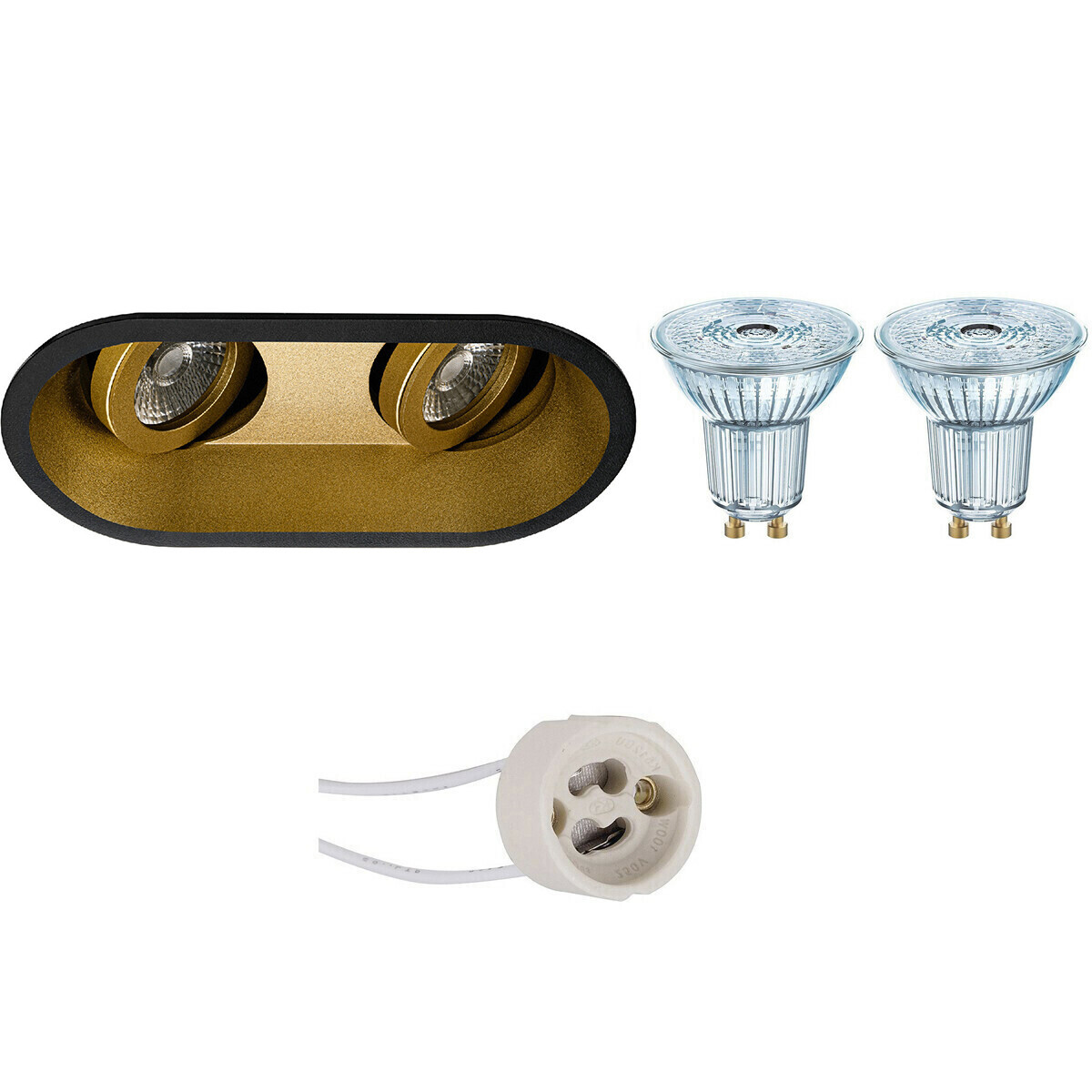 Osram Voordeelset - LED Spot Set - Parathom PAR16 930 36D - Pragmi Zano Pro - GU10 Fitting - Dimbaar - Inbouw Ovaal Dubbel - Mat Zwart/Goud - 3.7W - Warm Wit 3000K - Kantelbaar - 185x93mm