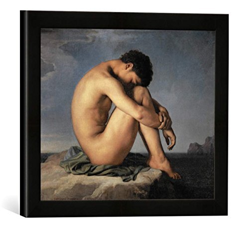 kunst für alle Ingelijste afbeelding van Hippolyte Flandrin"Jeune homme nu assis sur un rocher. Figure d'etude", kunstdruk in hoogwaardige handgemaakte fotolijst, 40x30 cm, zwart mat