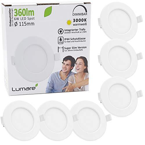 Lumare led-inbouwspot dimbaar set van 6 beschermingsklasse IP44 extra plat 26mm inbouwdiepte 6W 360lm 230V lichtkleur warm wit voor vochtige ruimtes en woonruimtes Mini- plafondspot wit/rond