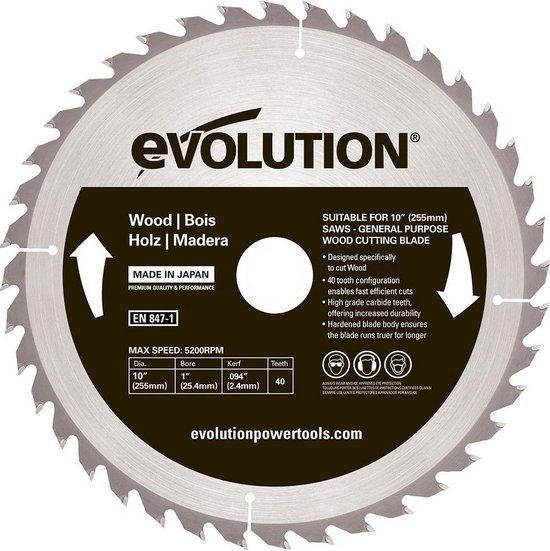 Evolution Power Tools Evolution EVO 255mm zaagblad voor hout - 255 X 25.4 X 2.4 MM - 40 T