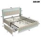 Linnen lit double 140x200 cm - Lit rembourré avec sommier à lattes - Tête de lit avec éclairage LED et port USB - 4 compartiments de rangement - Beige