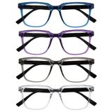 OPULIZE LEO Leesbril - 4-Pack - Groot Rechthoekig Montuur - Blauw, Paars, Grijs, Transparant - Heren Dames - Veerscharnieren - RRRR55-357C - +3.00