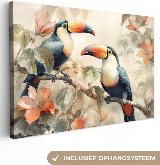 OneMillionCanvasses Canvas schilderij 150x100 cm - Toekan - Vogels - Bloemen - Wanddecoratie