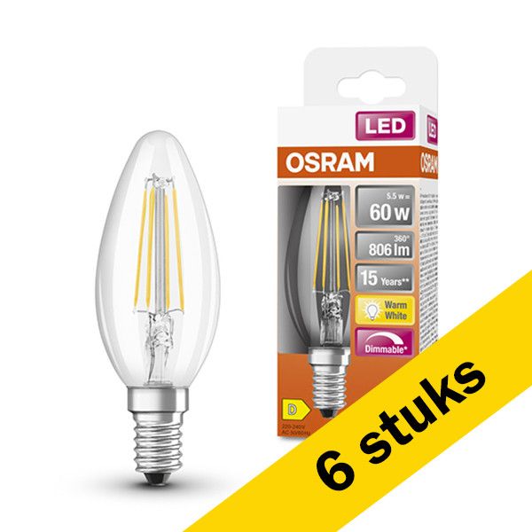 6x Osram LED lamp E14 - Kaars B35 - Filament - Helder - Dimbaar - 2700K - 5.5W (60W)
