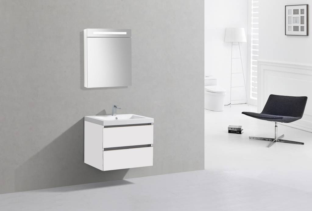 Badkamerplanet Badkamermeubel Trento Greeploos Mineraal 60 cm Hoogglans Wit met Spiegelkast