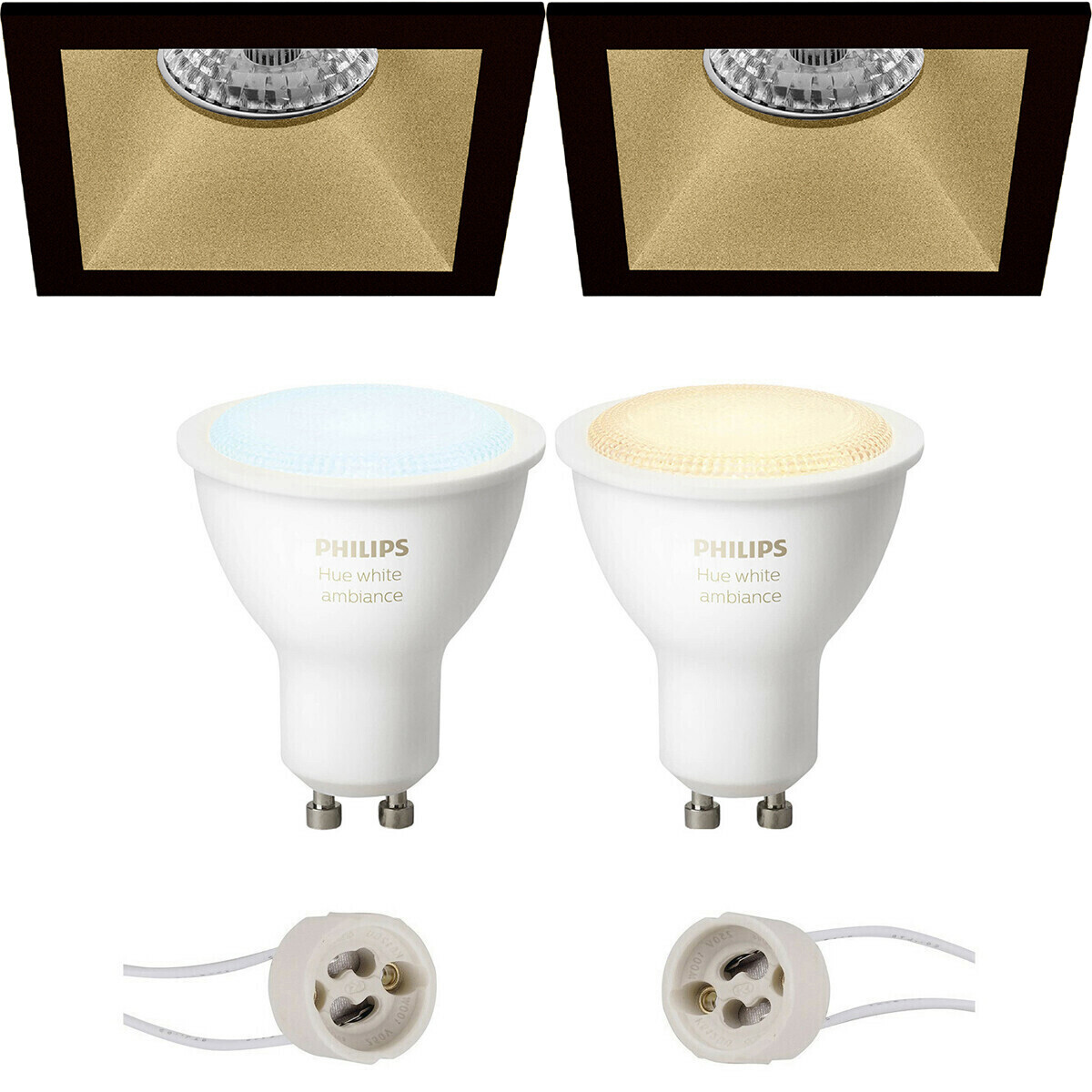 BES LED Pragmi Pollon Pro - Inbouw Vierkant - Mat Zwart/Goud - Verdiept - 82mm - Philips Hue - LED Spot Set GU10 - White Ambiance - Bluetooth