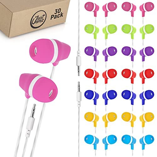 JustJamz Bubbles Colorful in-Ear Earbud Headphones 3.5 MM Audio Jack for iPhone Android Laptop Bulk Earbuds for Kids Students Classroom Mixed Colors, 30 Pack