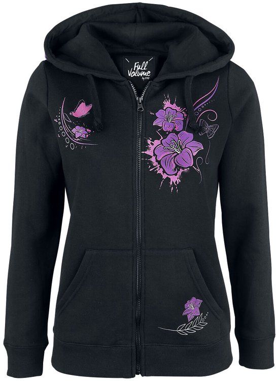 Full Volume by EMP Zwarte jas met capuchon en print - Dames - 4XL