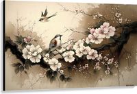 Merkloos / Sans marque Canvas - Tekening van Vogels Vliegend bij Tak met Bloemen - 150x100 cm Foto op Canvas Schilderij