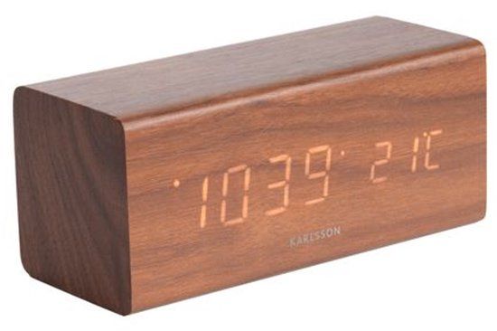 Karlsson Block - Wekker - Donker Hout - Wit LED - 16cm