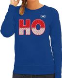 Bellatio Decorations Foute Kersttrui - sweater - HO HO HO - blauw - voor dames - kerstkleding / kerst outfit XS