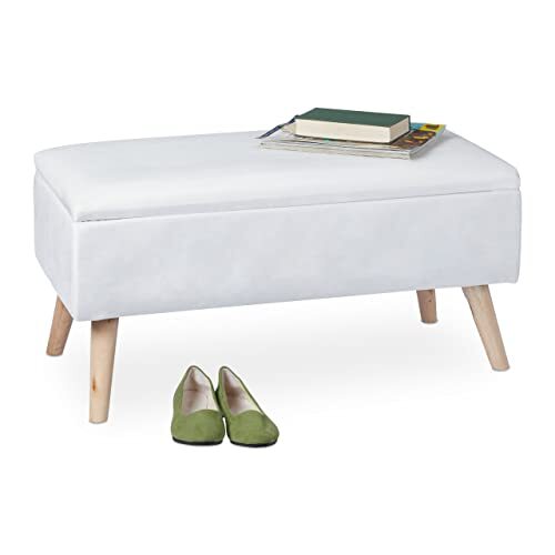 Relaxdays Zitbank met opbergruimte, fluwelen bekleding, 40 l, gewatteerd, houten poten, hal, 2-delig kistbank, 41 x 80 x 40 cm, wit