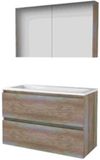 Basic Line Comfort 46 Badkamermeubelset - 100 x 46 cm - Greeploos - 2 Lades - Acryl Wastafel - Zonder Kraangat - Spiegelkast - Scotch Oak