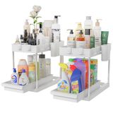 BAKAJI Set van 2 organizers voor wastafel en keuken met uittrekbare lade, opbergmand, ruimtebesparend, 2 legplanken, rek onder de gootsteen, uittrekbaar rek (wit)