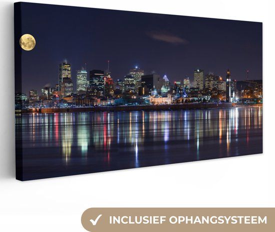 OneMillionCanvasses Canvas schilderij Montreal Skyline Nacht Maan 80x40 cm - Canvasdoek Wanddecoratie