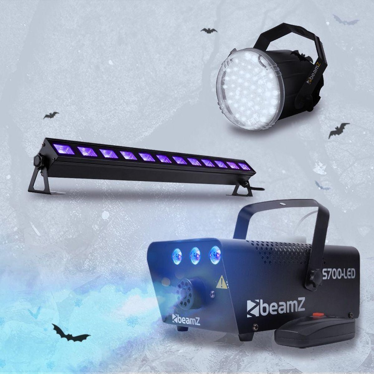 BeamZ Halloween set met Rookmachine met LED ijs effect, Blacklight bar en LED stroboscoop