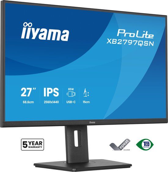 iiyama ProLite XB2797QSN-B1 - 27 inch - QHD - IPS - USB-Hub (4x) - Verstelbaar - USB-C Dock