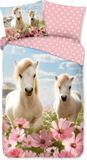 Good Morning dekbedovertrek witte paarden met bloemen - 1 persoons 140x200/220 cm - Roze - 100% Katoen renforce