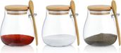 Sans marque Verre Bocaux de rangement Lot de 2 - 350ml Hermétique Condiment Bocaux d'assaisonnement - Cuillères Couvercles en bambou - Organisation de cuisine Contenants pour épices Sel Sucre