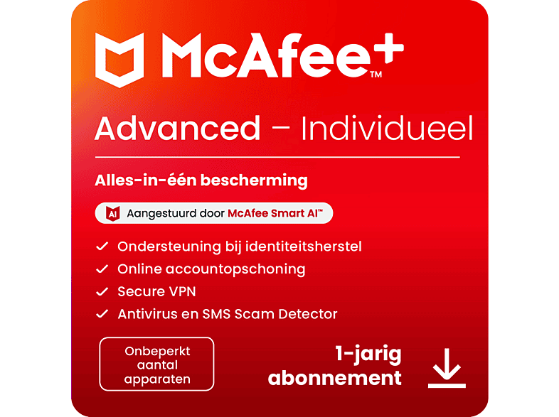 McAfee+ Advanced - 1 jaar - Onbeperkt aantal apparaten - Digitale download