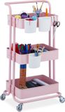 Relaxdays 3-etages keukentrolley met 2 remmen, smal, multifunctionele opbergtrolley, HBD 86 x 38 x 39 cm, metaal, roze