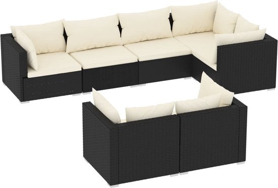 vidaXL 7-delige Loungeset met kussens poly rattan zwart