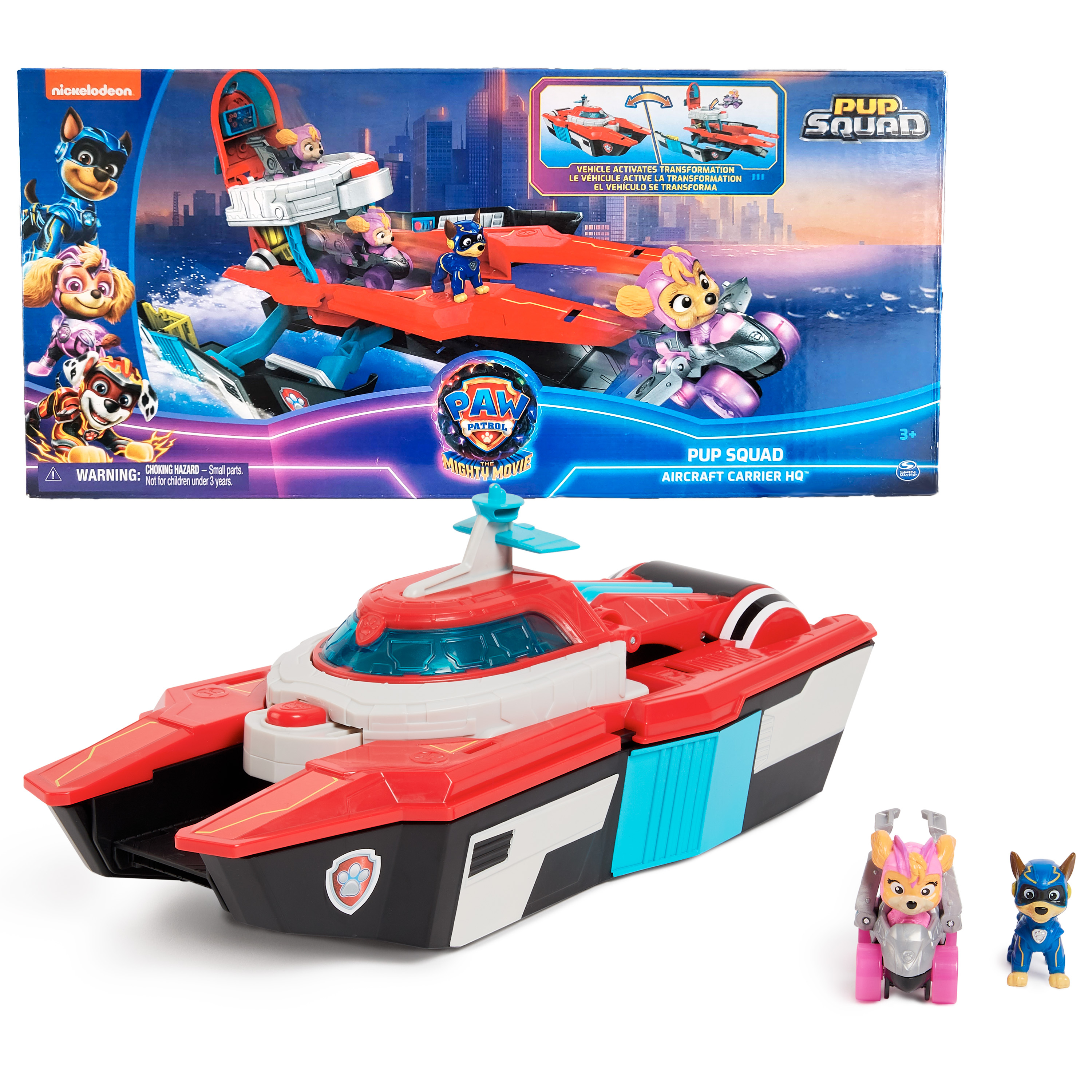 Spin Master PAW Patrol The Mighty Movie - Pup Squad Transformerend Vliegdekschip Hoofdkwartier met Skye Pup Squad Racer-speelgoedauto