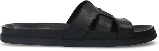 Manfield Heren Zwarte Leren Slippers - Maat 42 - Slides - Lente/Zomer 2024