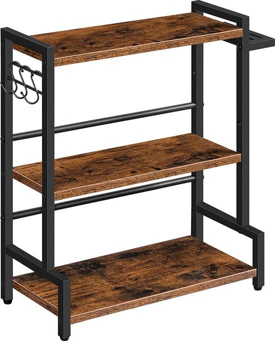 HOOBRO Kruidenrek, keukenrek met 3 haken, kruidenstandaard met messenhouder, bureau-organizer, verstelbare poten, voor eetkamer, keuken, badkamer, donkerbruin-zwart, EBF01TL01