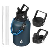 BJPKPK Geïsoleerde waterflessen met rietje deksel, 55 oz grote waterfles, roestvrijstalen vacuüm waterfles, warm & koud geïsoleerde waterflessen met 3 deksels en paracord handvat, marineblauw