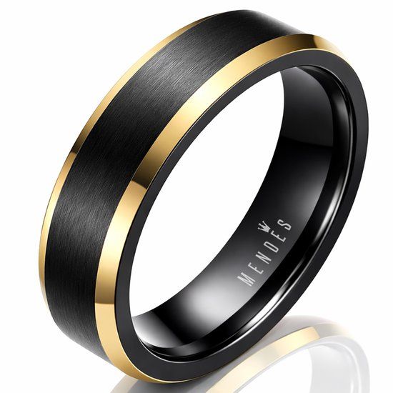Mendes Jewelry Wolfraam heren ring Mat Zwart met Goudkleurig 6mm-21.5mm