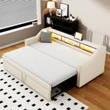 MODFU Bedframe 90x190 / 180x190 cm – beige burlap – uitschuifbaar met LED, USB en zijvakken